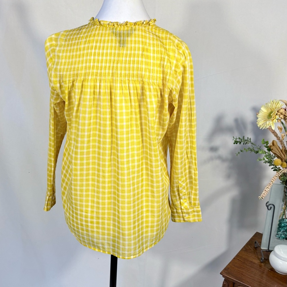 J.Crew Pintuck Yellow Gingham Blouse Ruffle Neck Long Sleeve Sz 2P💛 - Picture 6 of 11